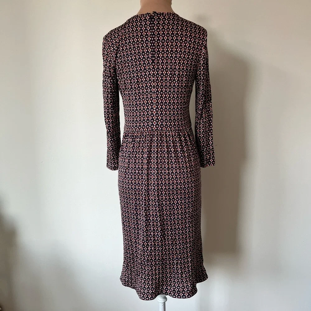 Tory Burch Three Quarter Sleeve Navy Blue Red Floral Printed Silk Dress EUC XS